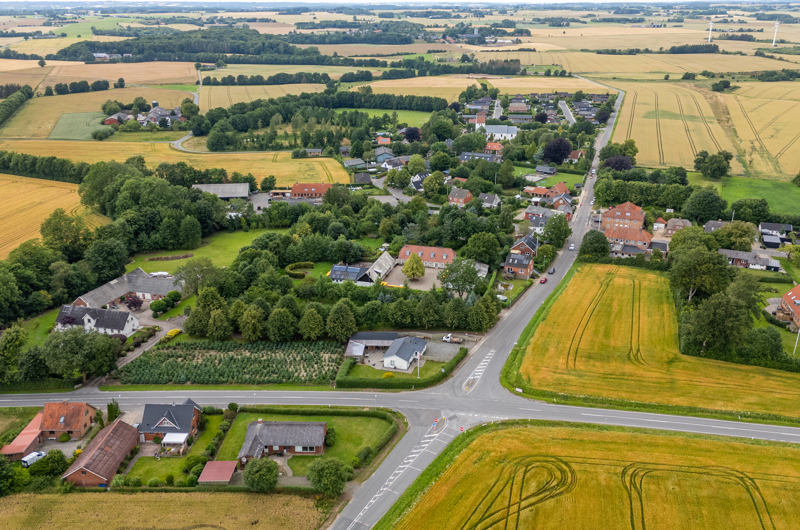 Dronefoto over Hornborg by på en sommerdag