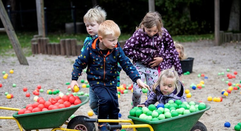 Fire børn på en legeplads leger med farvede bolde